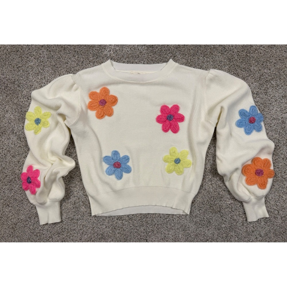 Entro Raised Floral Sweater Womens‎ Medium Cream Kidcore Ribbed Knit